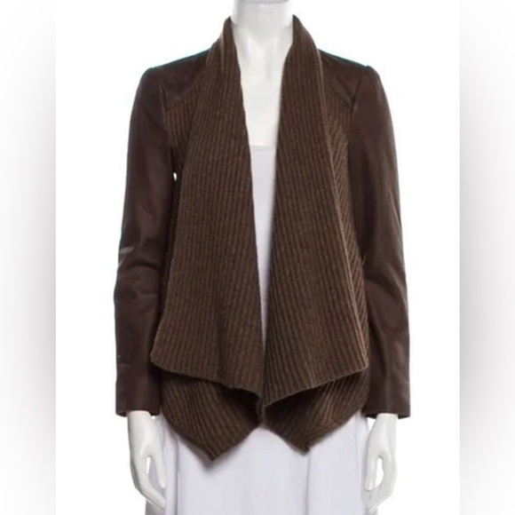 Vince Brown Leather Yak Wool Knit Draped Waterfall Open Front Jacket Sz XS - Picture 13 of 14